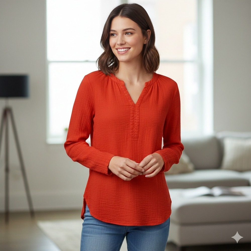 LOFT Orange Textured V Neck Long Sleeve Tunic Top Casual Everyday - Size S‎